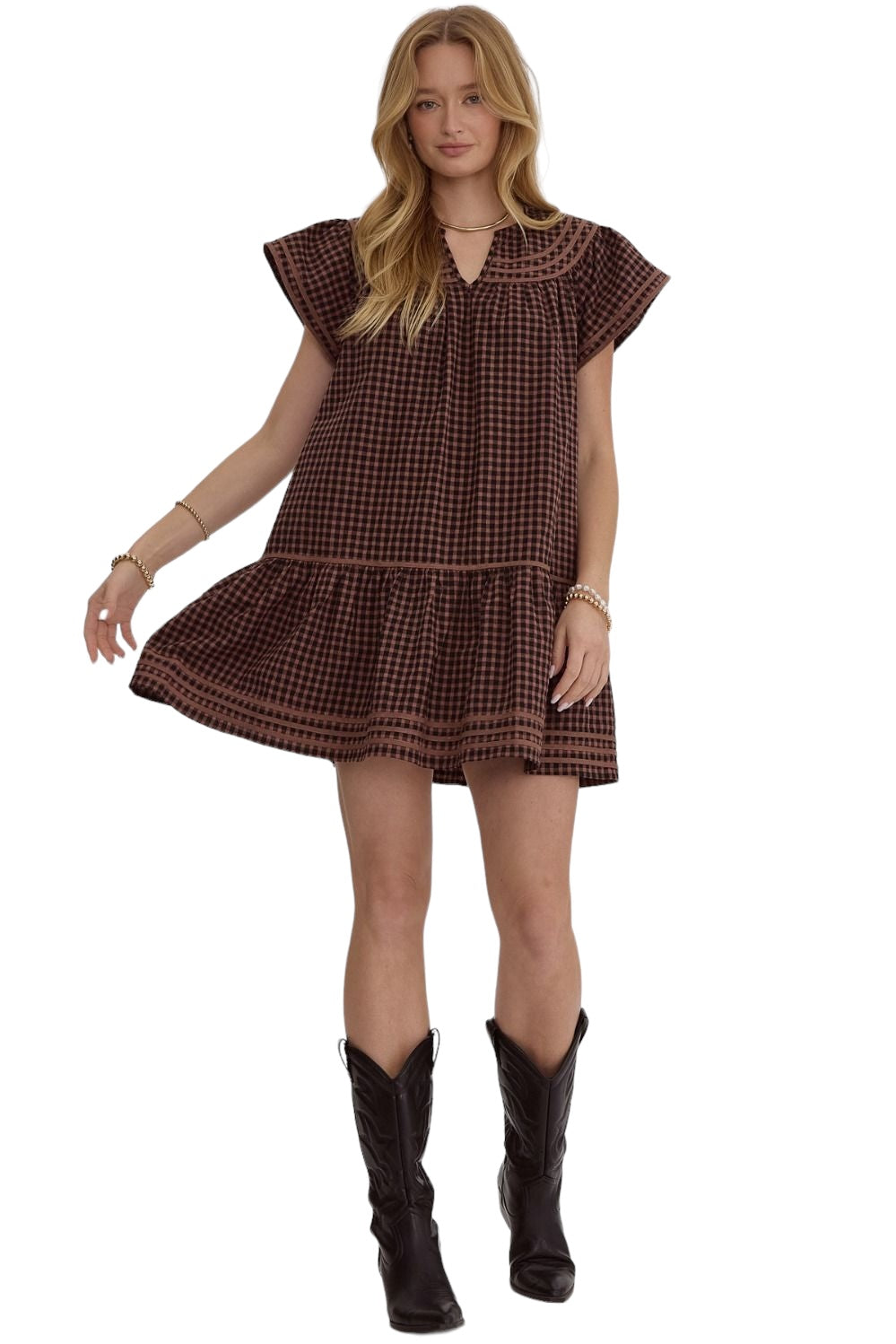 Walk This Way Brown Gingham Dress