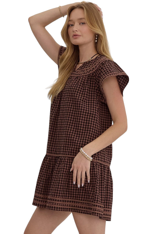 Walk This Way Brown Gingham Dress