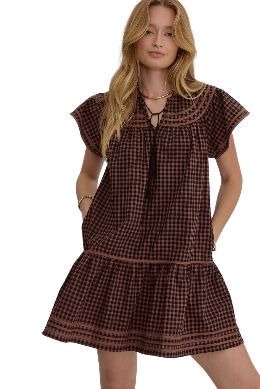 Walk This Way Brown Gingham Dress